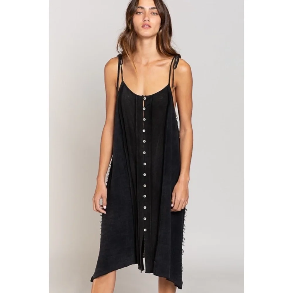 POL Black Cotton Spaghetti Strap Button Down Sundress - Picture 3 of 6
